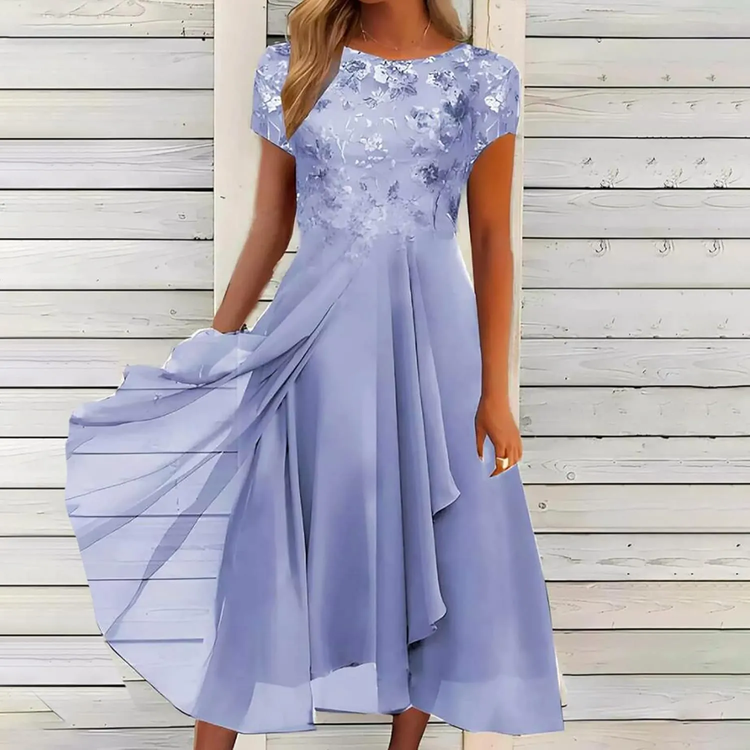HGps8w Wedding Guests Dresses for Women Elegant Short Sleeve Lace Chiffon Flowy Dress Formal Evening Party Prom Gown