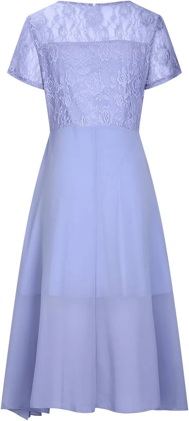 HGps8w Wedding Guests Dresses for Women Elegant Short Sleeve Lace Chiffon Flowy Dress Formal Evening Party Prom Gown