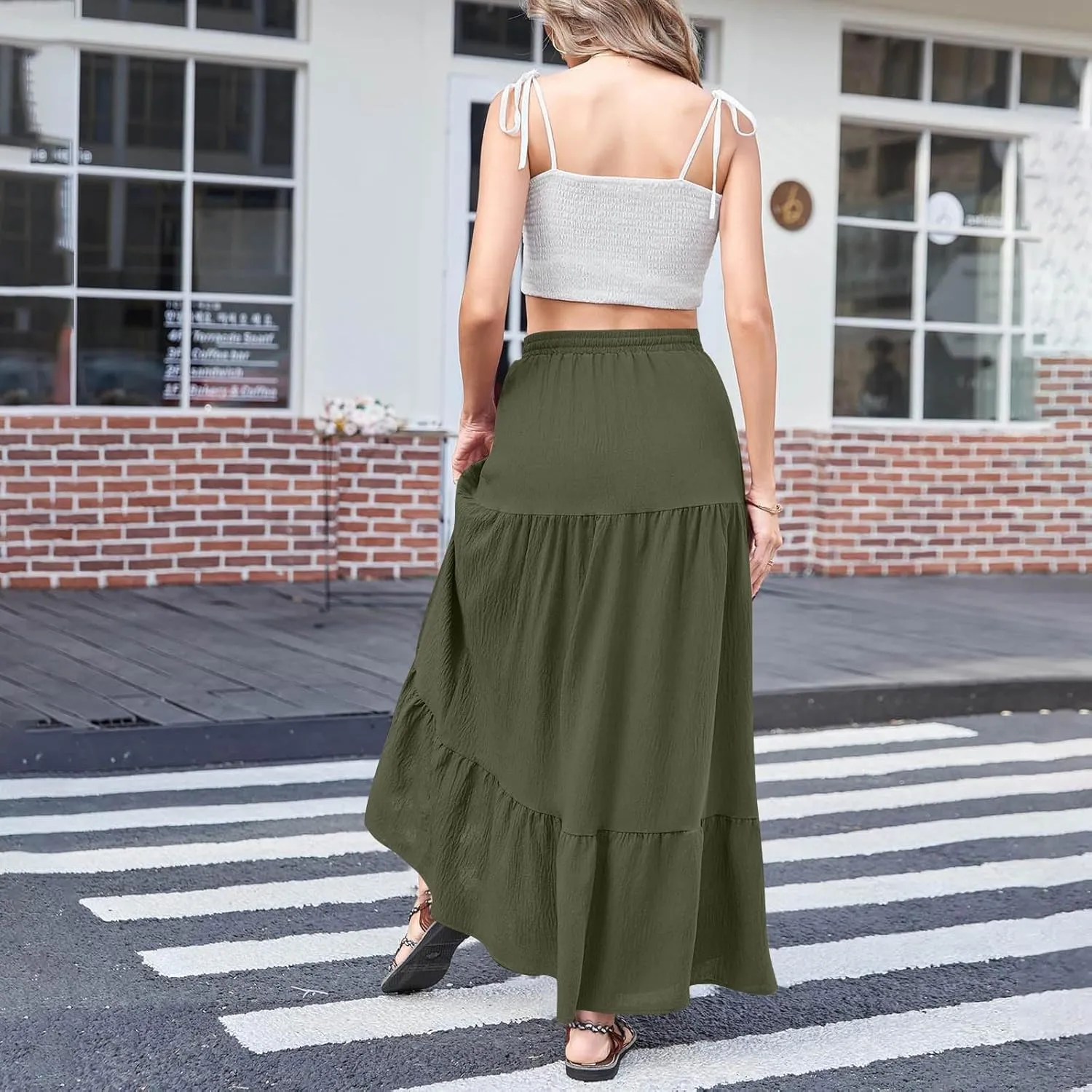 HGps8w Women's 2025 Summer Boho Linen Slit Flowy Maxi Skirt, Trendy Elastic Waist A Line Tiered Beach Long Skirts