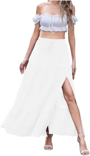 HGps8w Women's 2025 Summer Boho Linen Slit Flowy Maxi Skirt, Trendy Elastic Waist A Line Tiered Beach Long Skirts