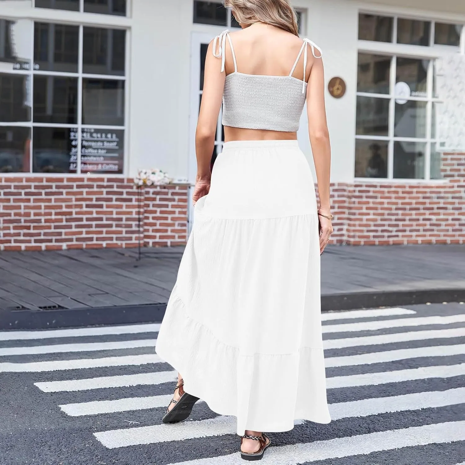 HGps8w Women's 2025 Summer Boho Linen Slit Flowy Maxi Skirt, Trendy Elastic Waist A Line Tiered Beach Long Skirts