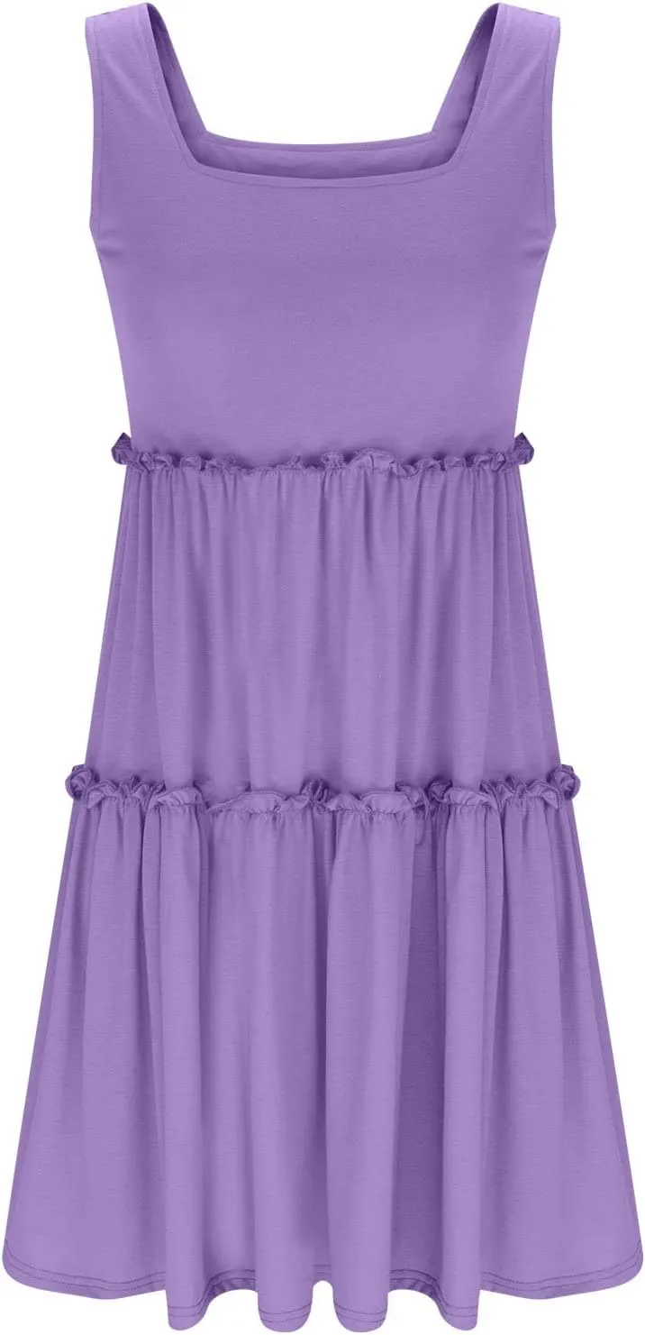 HGps8w Womens 2025 Summer Square Neck Tank Dresses, A-Line Casual Sleeveless Ruffle Tiered Loose Swing Mini Dress