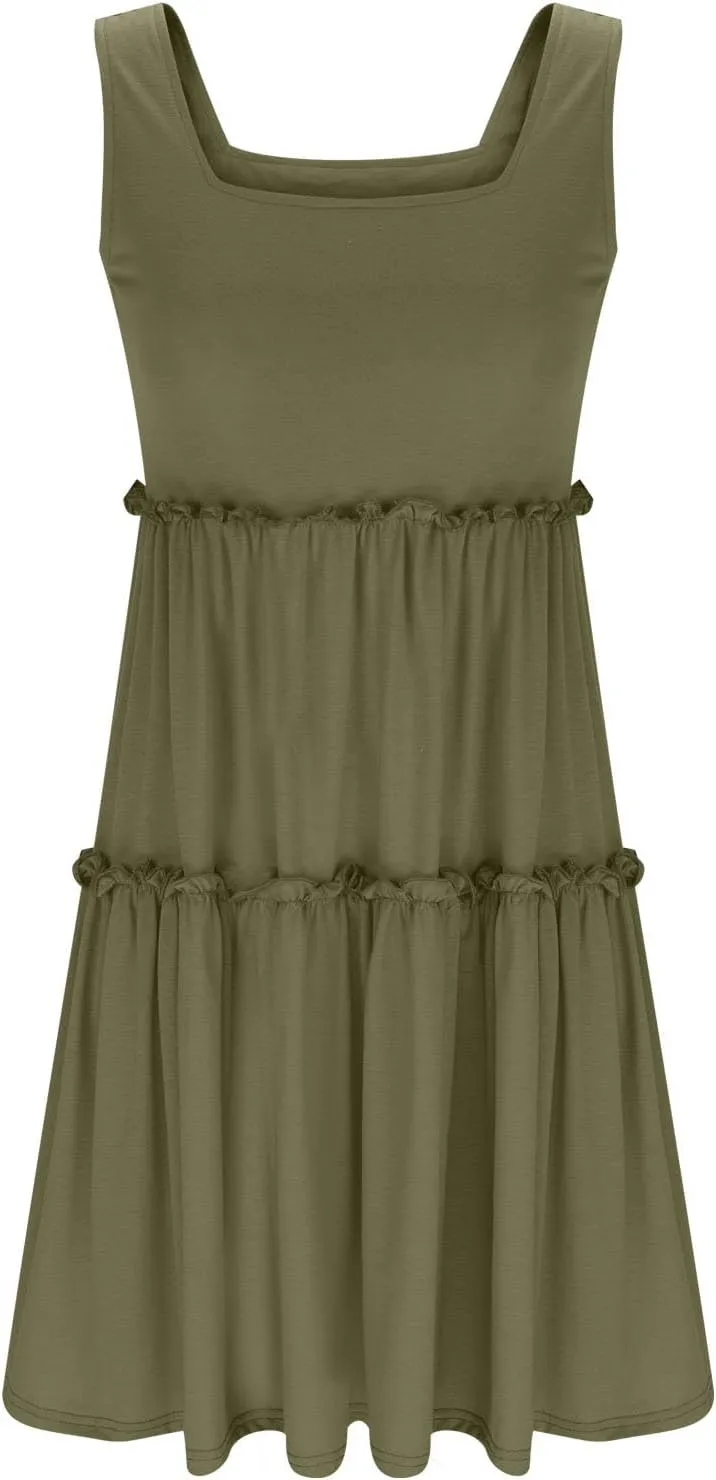 HGps8w Womens 2025 Summer Square Neck Tank Dresses, A-Line Casual Sleeveless Ruffle Tiered Loose Swing Mini Dress