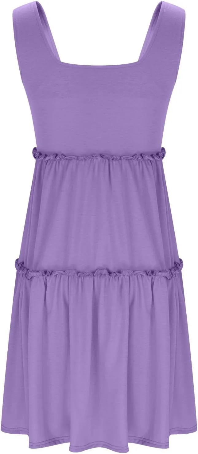 HGps8w Womens 2025 Summer Square Neck Tank Dresses, A-Line Casual Sleeveless Ruffle Tiered Loose Swing Mini Dress