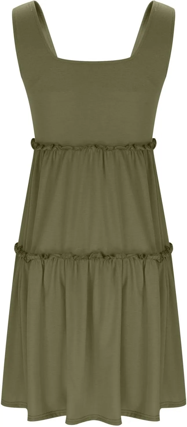 HGps8w Womens 2025 Summer Square Neck Tank Dresses, A-Line Casual Sleeveless Ruffle Tiered Loose Swing Mini Dress