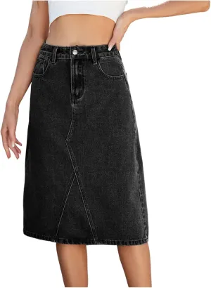 HGps8w Womens A-Line Denim Mini Skirts Loose Summer High Waisted Casual Midi Skirt with Pockets