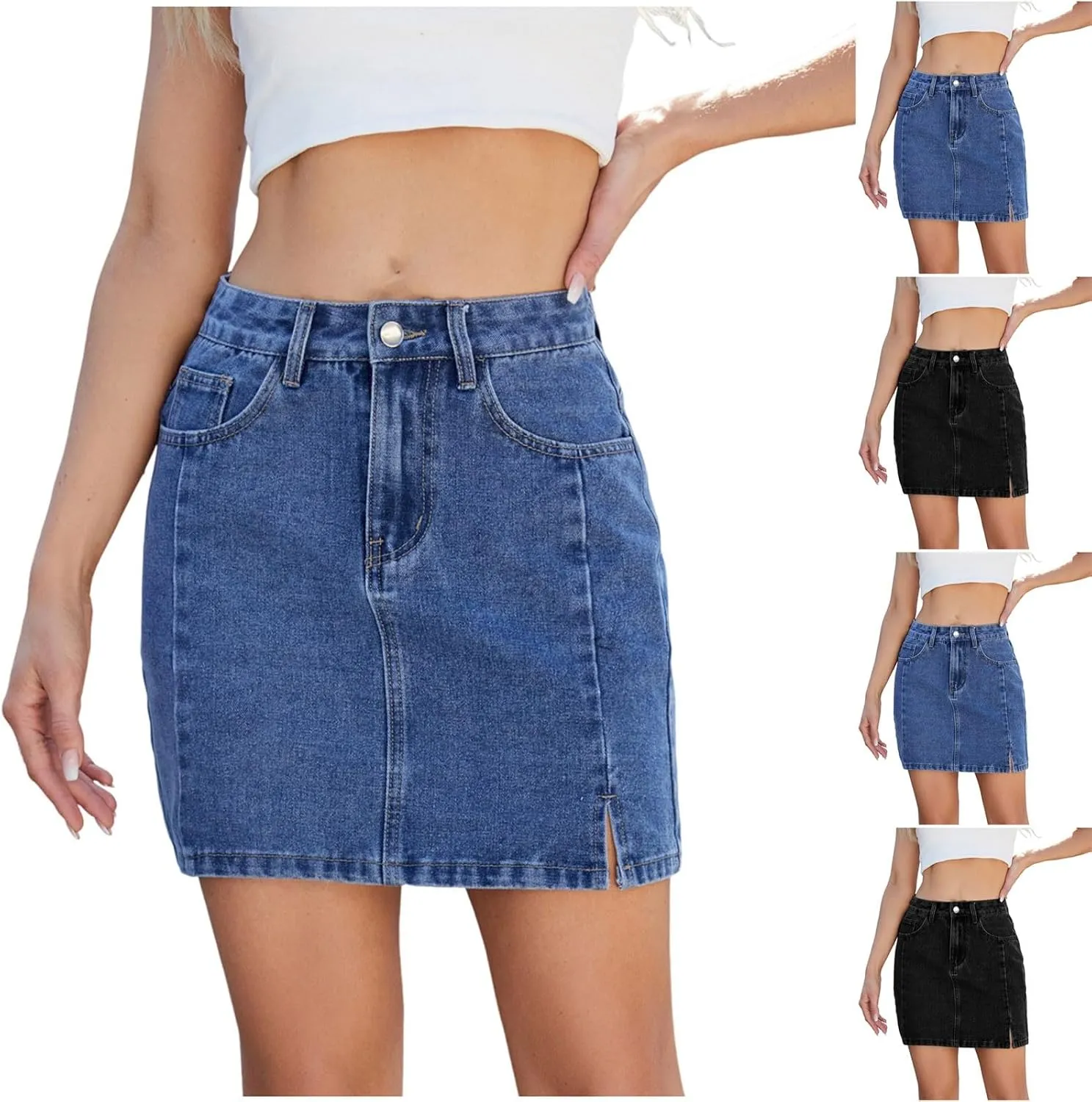 HGps8w Womens Classic Denim Mini Skirts Casual Summer High Waisted Sexy Slit Short Bodycon Skirt