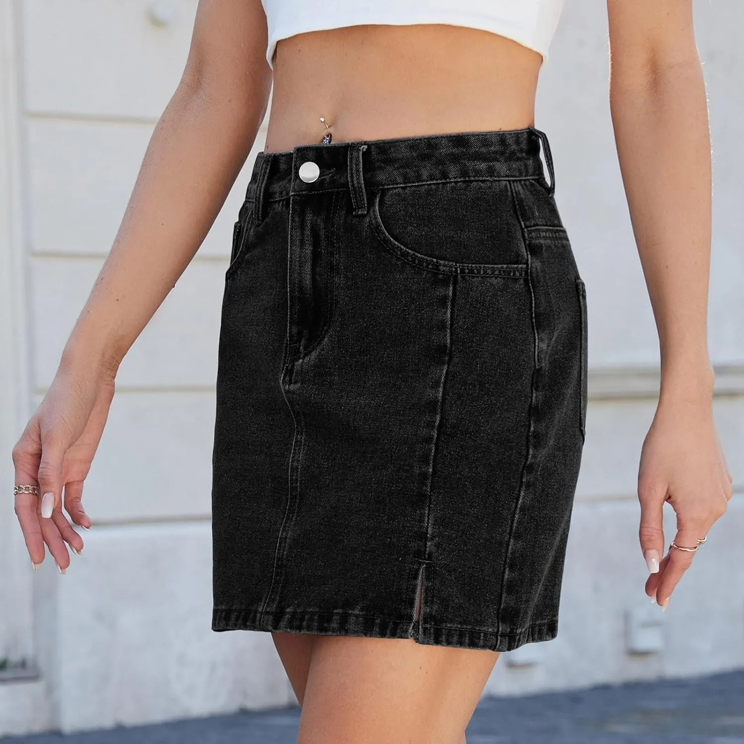 HGps8w Womens Classic Denim Mini Skirts Casual Summer High Waisted Sexy Slit Short Bodycon Skirt