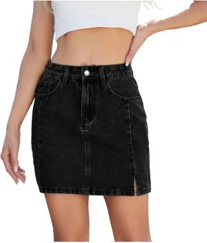 HGps8w Womens Classic Denim Mini Skirts Casual Summer High Waisted Sexy Slit Short Bodycon Skirt