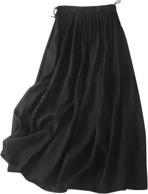 HGps8w Womens Cotton Linen Drawstring Maxi Skirt Lightweight Casual Summer Elastic High Waisted A-line Swing Skirts