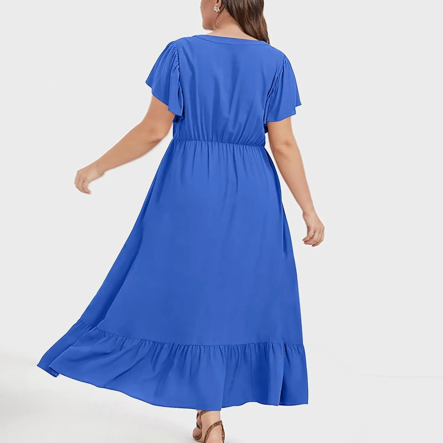 HGps8w Womens Flutter Sleeve Plus Size Summer Maxi Dress Elegant V Neck Ruffle Hem A-Line Swing Cocktail Dresses with Pockets