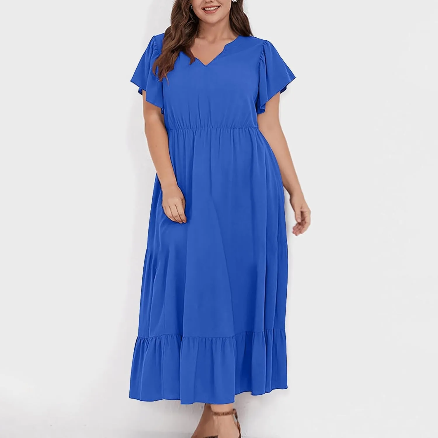 HGps8w Womens Flutter Sleeve Plus Size Summer Maxi Dress Elegant V Neck Ruffle Hem A-Line Swing Cocktail Dresses with Pockets