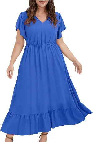HGps8w Womens Flutter Sleeve Plus Size Summer Maxi Dress Elegant V Neck Ruffle Hem A-Line Swing Cocktail Dresses with Pockets