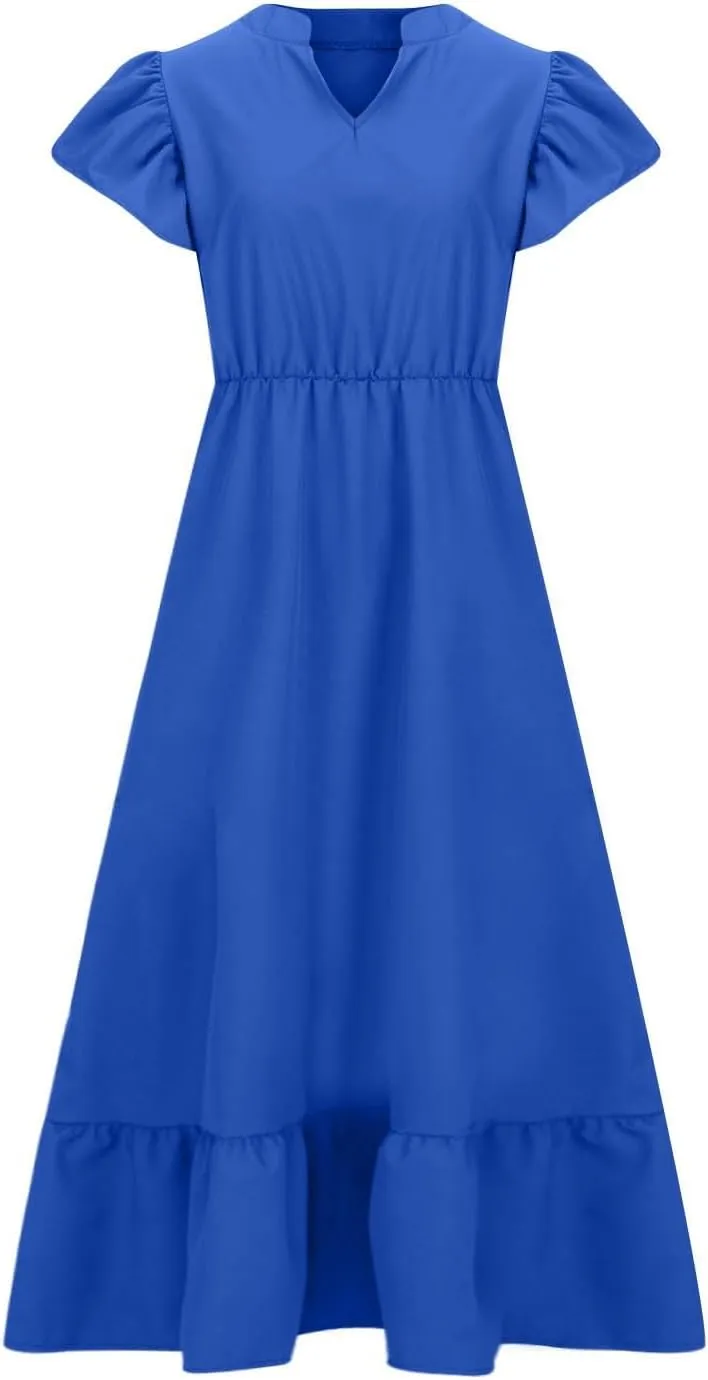 HGps8w Womens Flutter Sleeve Plus Size Summer Maxi Dress Elegant V Neck Ruffle Hem A-Line Swing Cocktail Dresses with Pockets