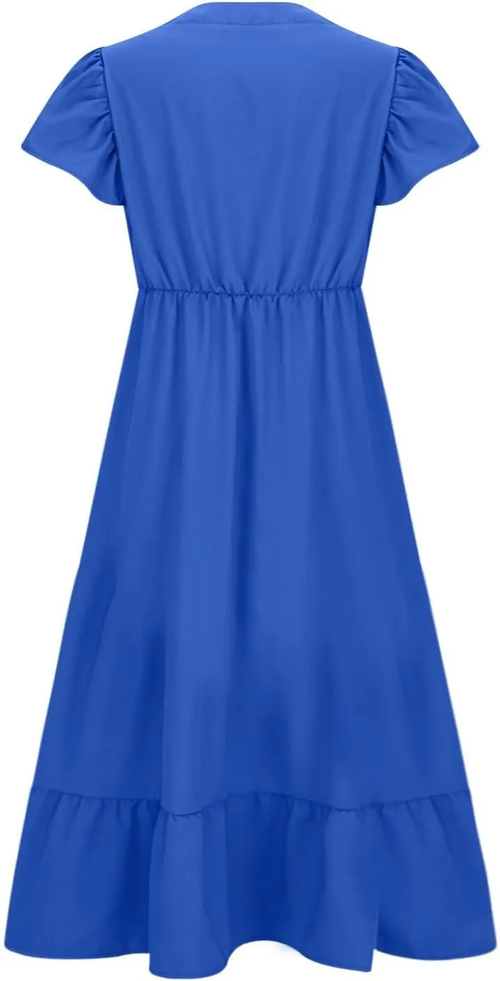 HGps8w Womens Flutter Sleeve Plus Size Summer Maxi Dress Elegant V Neck Ruffle Hem A-Line Swing Cocktail Dresses with Pockets