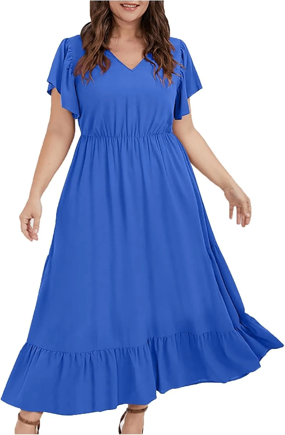 HGps8w Womens Flutter Sleeve Plus Size Summer Maxi Dress Elegant V Neck Ruffle Hem A-Line Swing Cocktail Dresses with Pockets