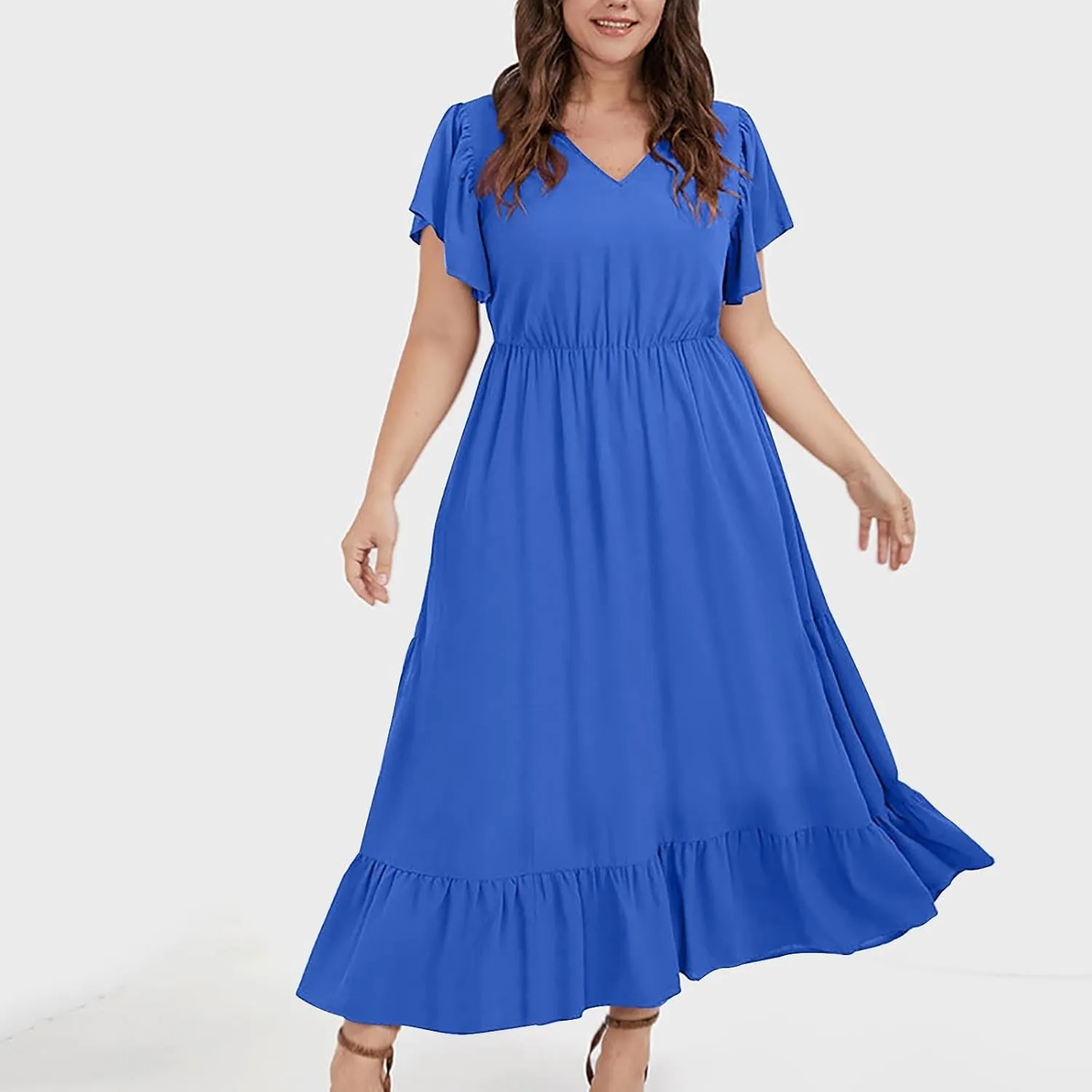 HGps8w Womens Flutter Sleeve Plus Size Summer Maxi Dress Elegant V Neck Ruffle Hem A-Line Swing Cocktail Dresses with Pockets