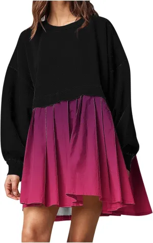 HGps8w Womens Gradient Oversized Sweatshirt Dress Crewneck Cute Patchwork Long Sleeve Pullover Flowy Pleated Mini Dress
