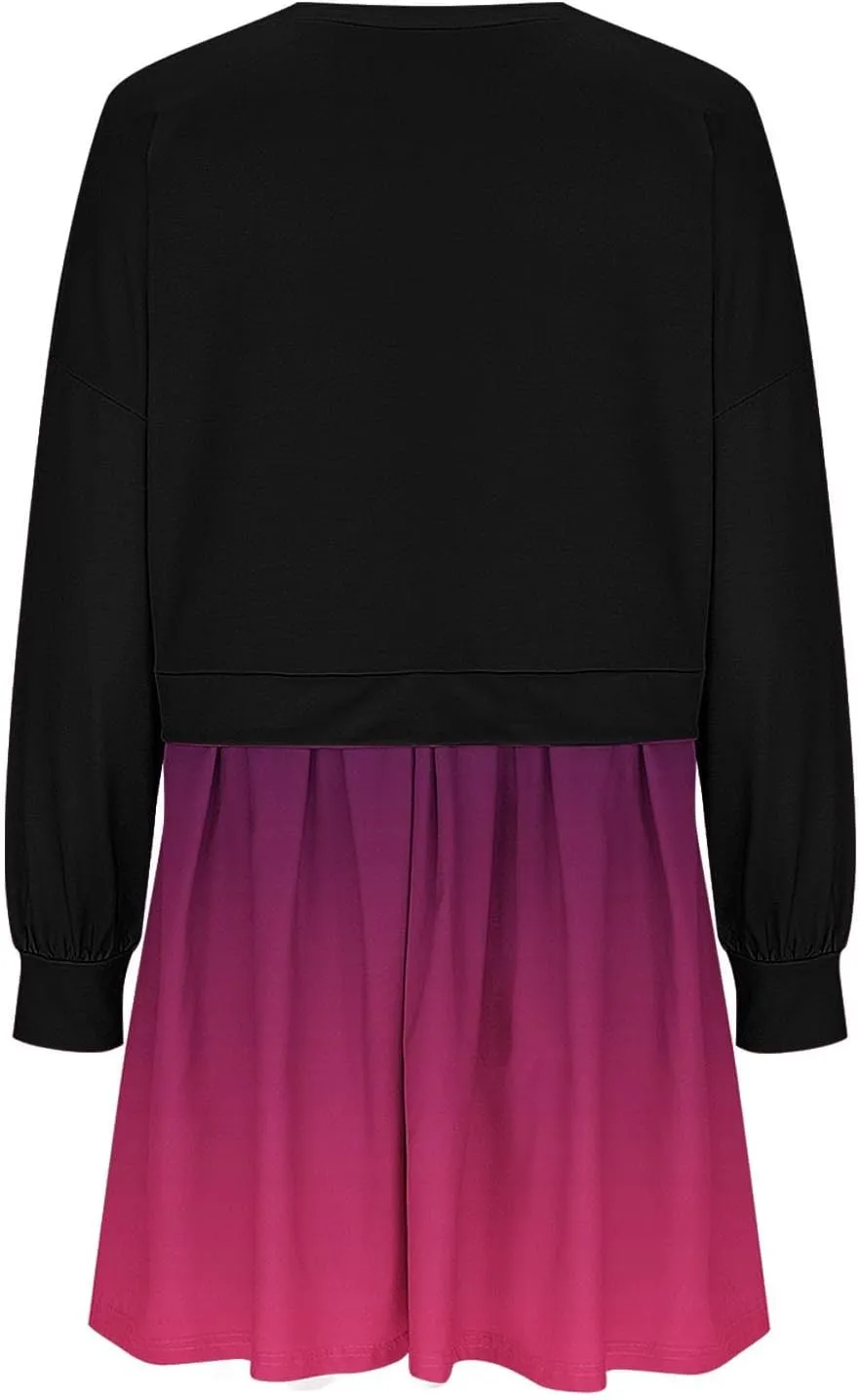 HGps8w Womens Gradient Oversized Sweatshirt Dress Crewneck Cute Patchwork Long Sleeve Pullover Flowy Pleated Mini Dress
