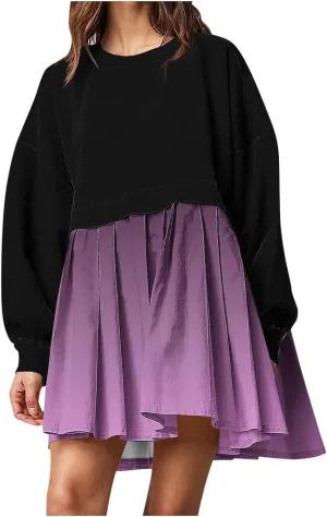 HGps8w Womens Gradient Oversized Sweatshirt Dress Crewneck Cute Patchwork Long Sleeve Pullover Flowy Pleated Mini Dress