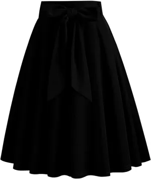 HGps8w Womens Vintage High Waisted A-Line Cocktail Skirt Elegant Belted Waist Flared Midi Skirt for Tea Party