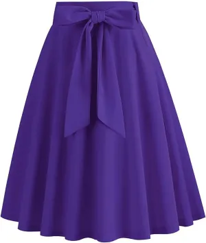 HGps8w Womens Vintage High Waisted A-Line Cocktail Skirt Elegant Belted Waist Flared Midi Skirt for Tea Party
