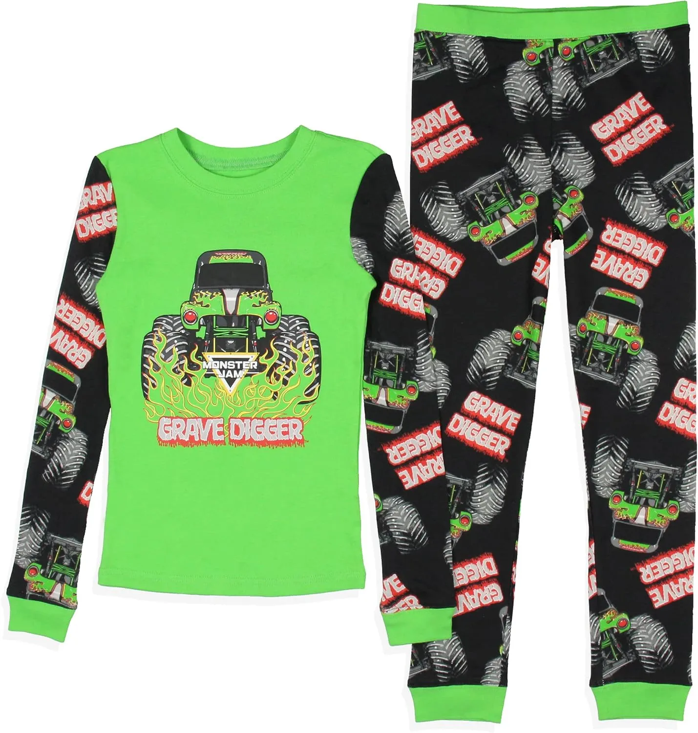 INTIMO Monster Jam Boys' Truck Long Sleeve Grave Digger Tight Fit Sleep Pajama Set