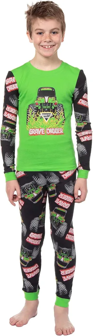 INTIMO Monster Jam Boys' Truck Long Sleeve Grave Digger Tight Fit Sleep Pajama Set