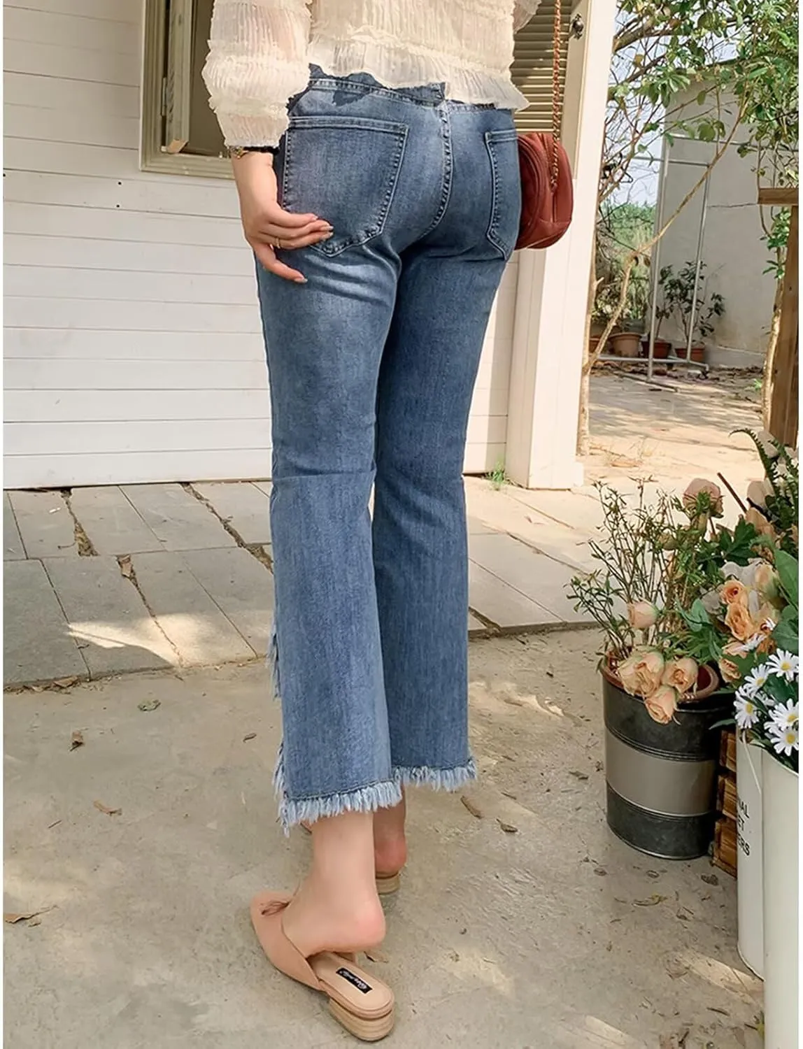 INVACHI Womens Cropped Fringe Pants Frayed Hem Jeans for Women Slim Fit Distressed Denim Jeans Women
