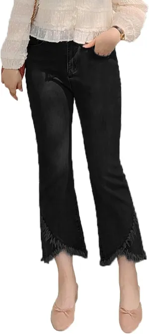 INVACHI Womens Cropped Fringe Pants Frayed Hem Jeans for Women Slim Fit Distressed Denim Jeans Women