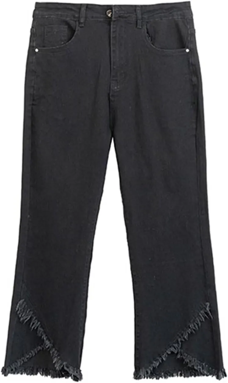 INVACHI Womens Cropped Fringe Pants Frayed Hem Jeans for Women Slim Fit Distressed Denim Jeans Women