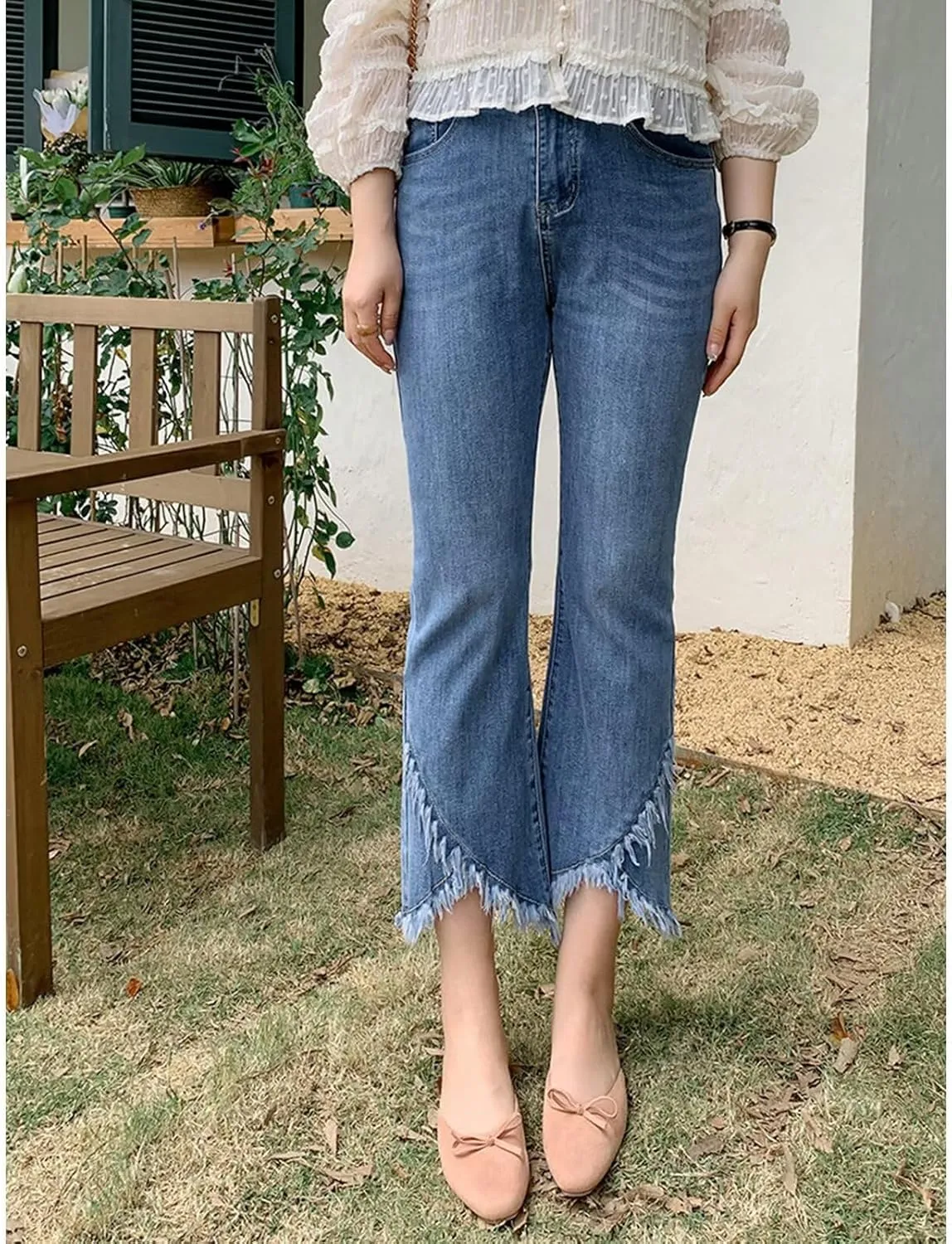 INVACHI Womens Cropped Fringe Pants Frayed Hem Jeans for Women Slim Fit Distressed Denim Jeans Women