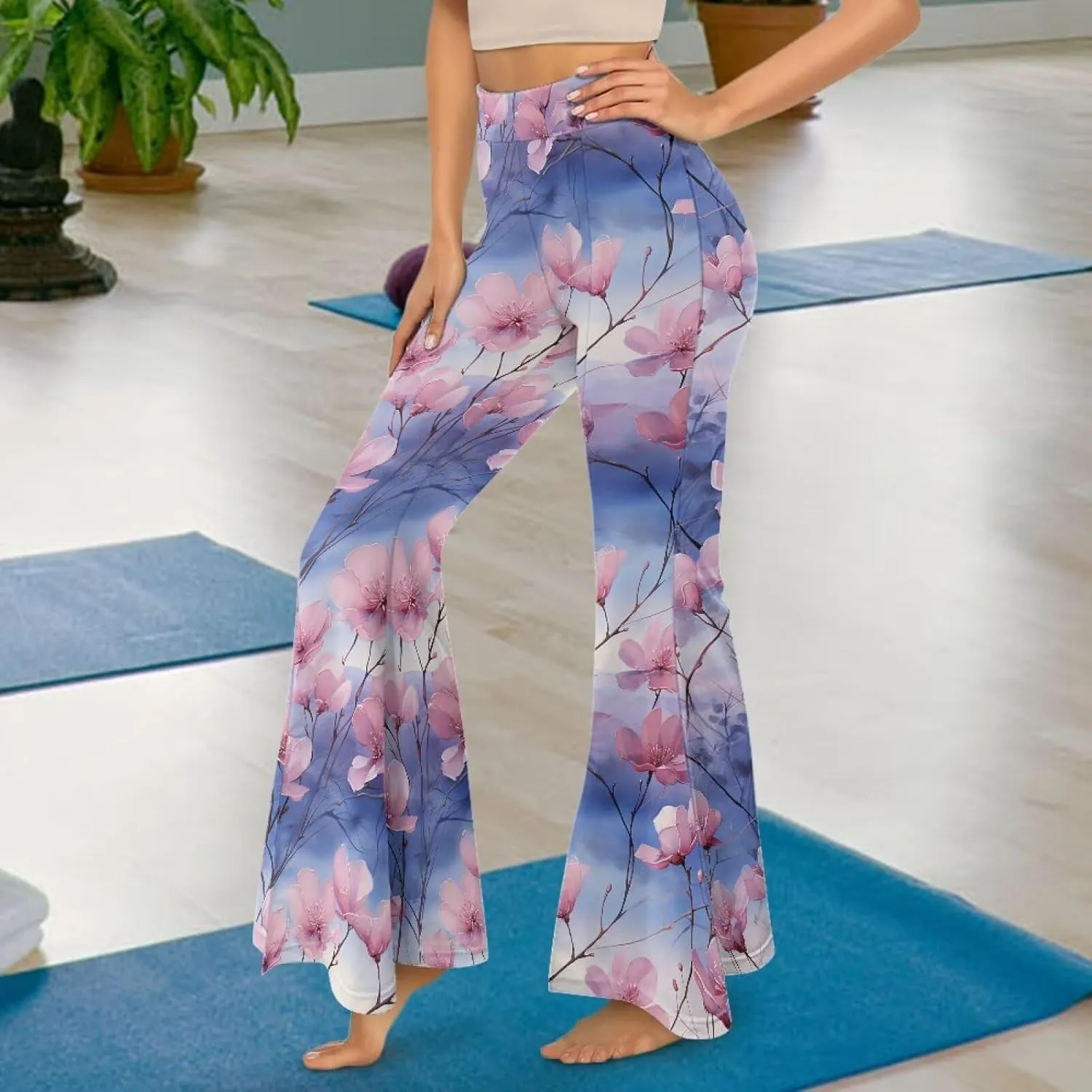 Irisjudy Women High Waist Flare Pants Morpho Butterfly Tummy Control Bell Bottom Trousers Damask Floral Office Casual Pants