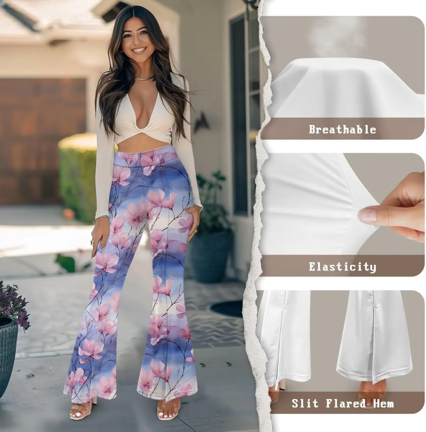 Irisjudy Women High Waist Flare Pants Morpho Butterfly Tummy Control Bell Bottom Trousers Damask Floral Office Casual Pants