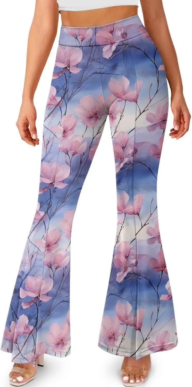 Irisjudy Women High Waist Flare Pants Morpho Butterfly Tummy Control Bell Bottom Trousers Damask Floral Office Casual Pants