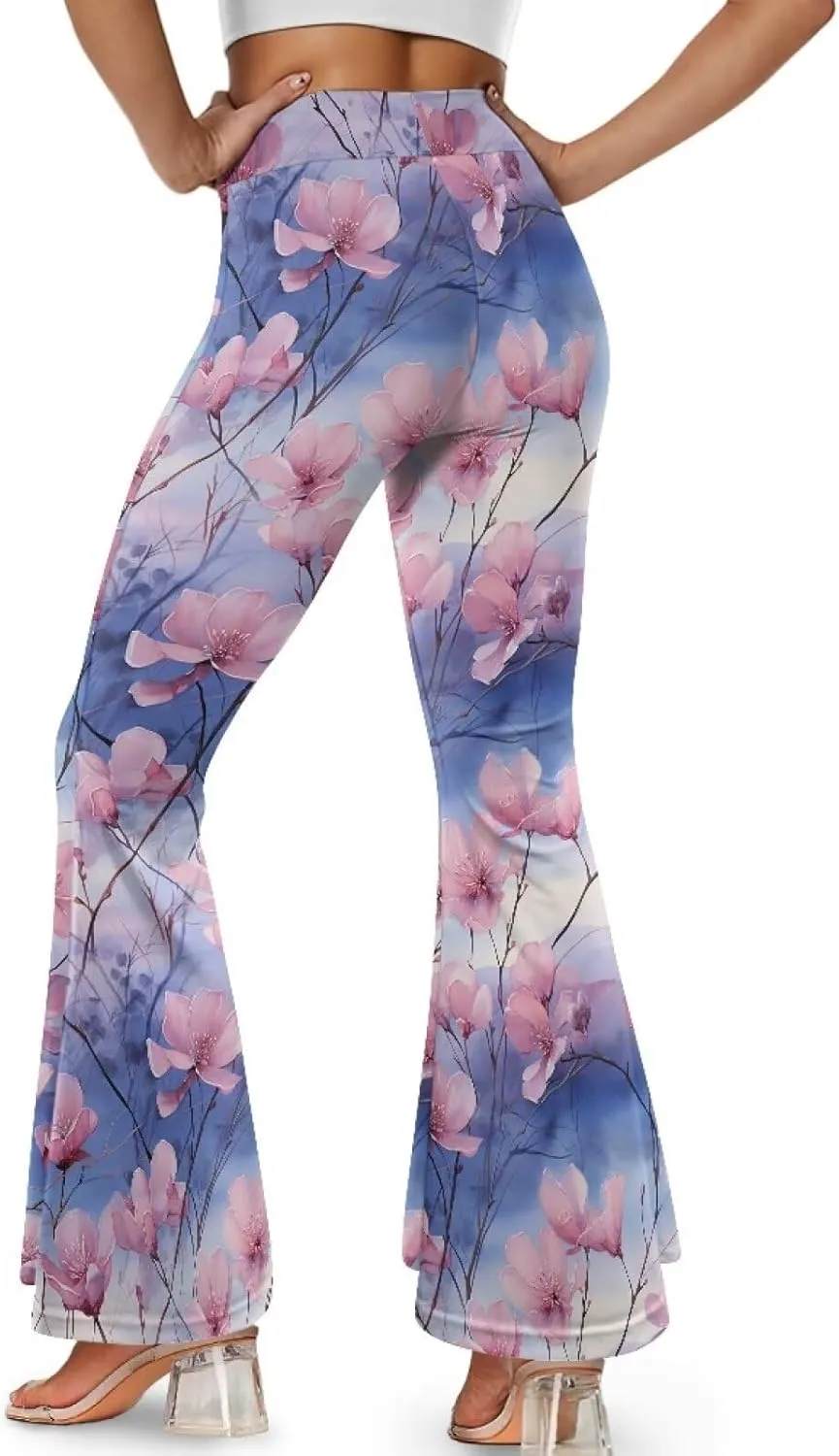 Irisjudy Women High Waist Flare Pants Morpho Butterfly Tummy Control Bell Bottom Trousers Damask Floral Office Casual Pants