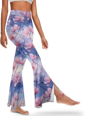 Irisjudy Women High Waist Flare Pants Morpho Butterfly Tummy Control Bell Bottom Trousers Damask Floral Office Casual Pants