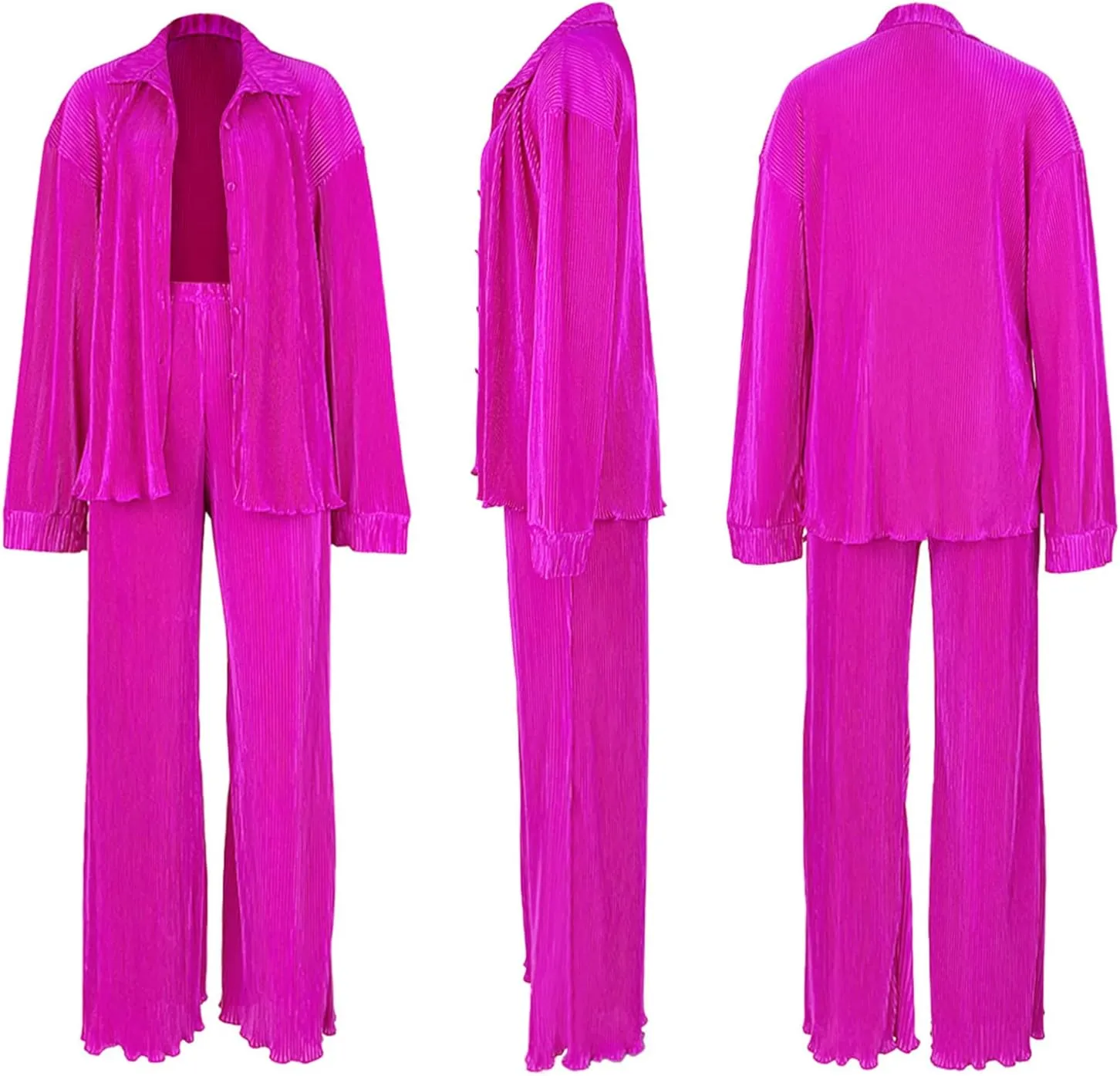 kaimimei Casual 2 Piece Outfit for Women - Linen Long Sleeve Button Down Shirt   Flare Pleated Wide Leg Pants Sets Streetwear