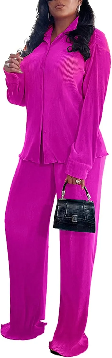 kaimimei Casual 2 Piece Outfit for Women - Linen Long Sleeve Button Down Shirt   Flare Pleated Wide Leg Pants Sets Streetwear