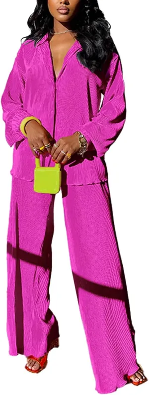 kaimimei Casual 2 Piece Outfit for Women - Linen Long Sleeve Button Down Shirt   Flare Pleated Wide Leg Pants Sets Streetwear