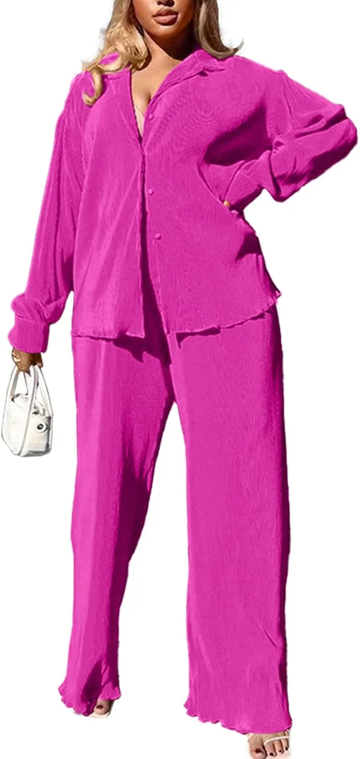 kaimimei Casual 2 Piece Outfit for Women - Linen Long Sleeve Button Down Shirt   Flare Pleated Wide Leg Pants Sets Streetwear