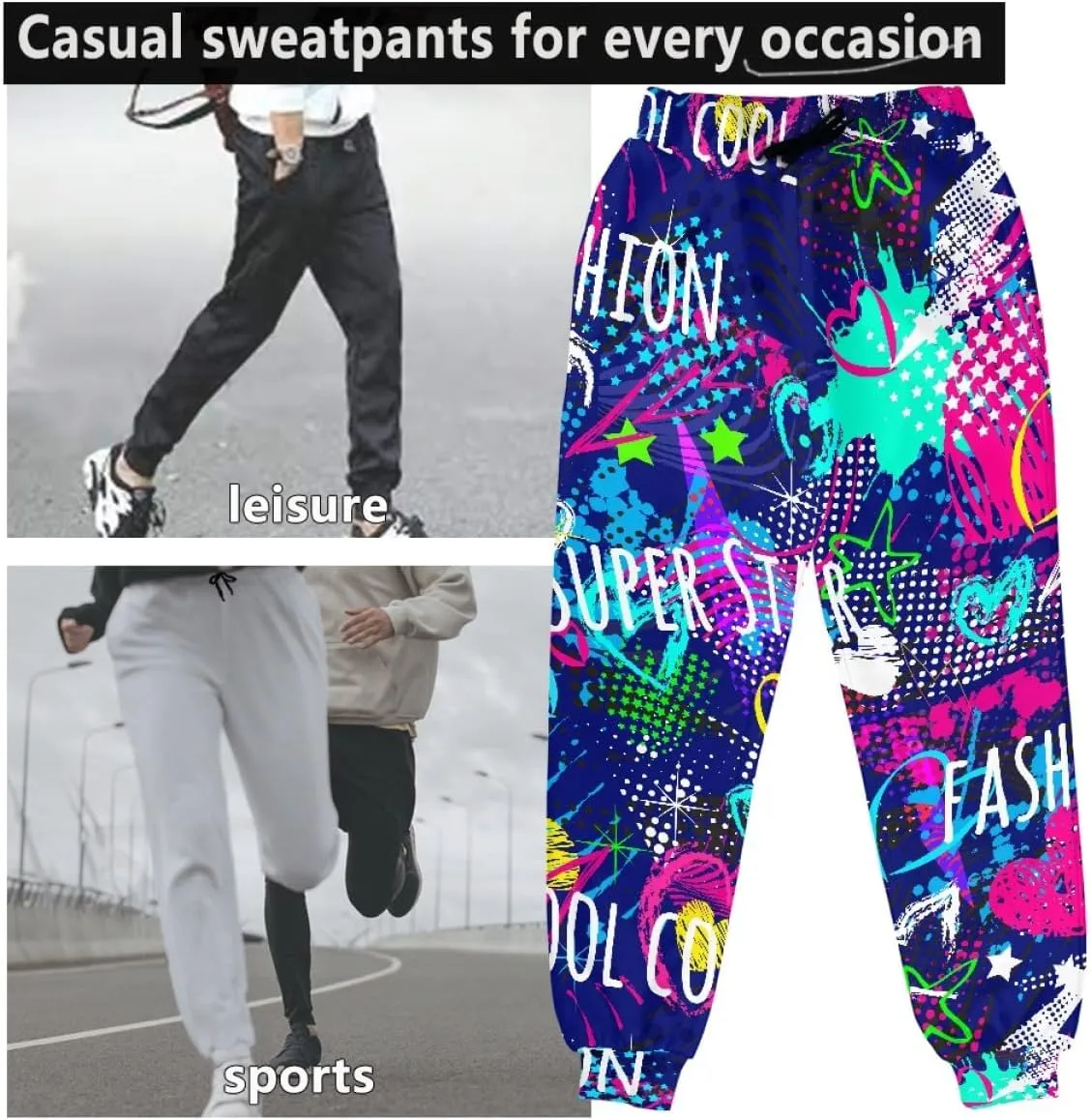 KIDVOVOU Men's Graffiti Print Elastic Waist Drawstring Hip Hop Pants Sport Jogger Sweatpants with Pockets