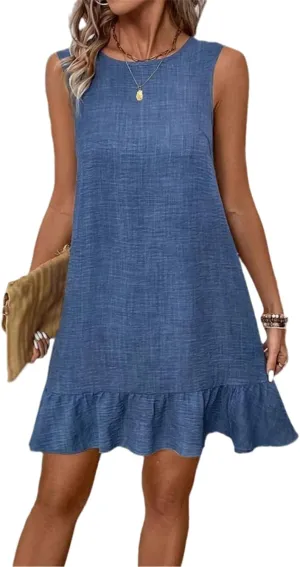 Kubbon Casual Dresses for Women Ruffle Hem Sleeveless Mini Dresses Loose Flowy Sundress Soild Color Back Bow Tie Dress
