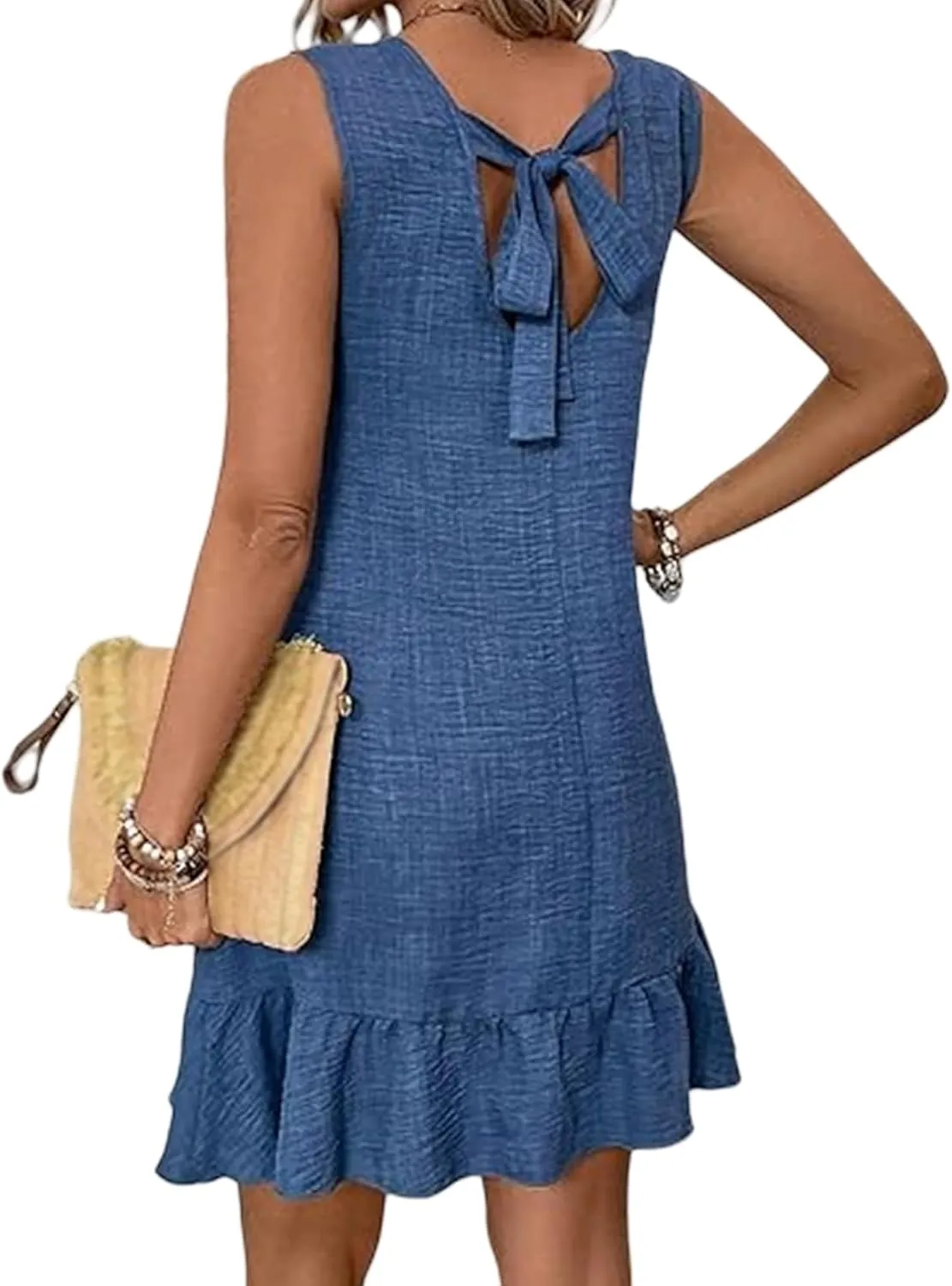 Kubbon Casual Dresses for Women Ruffle Hem Sleeveless Mini Dresses Loose Flowy Sundress Soild Color Back Bow Tie Dress