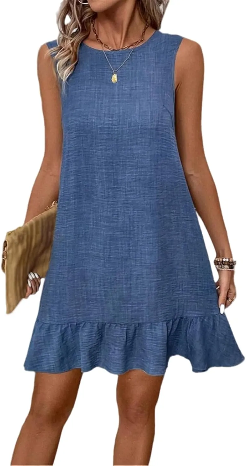 Kubbon Casual Dresses for Women Ruffle Hem Sleeveless Mini Dresses Loose Flowy Sundress Soild Color Back Bow Tie Dress