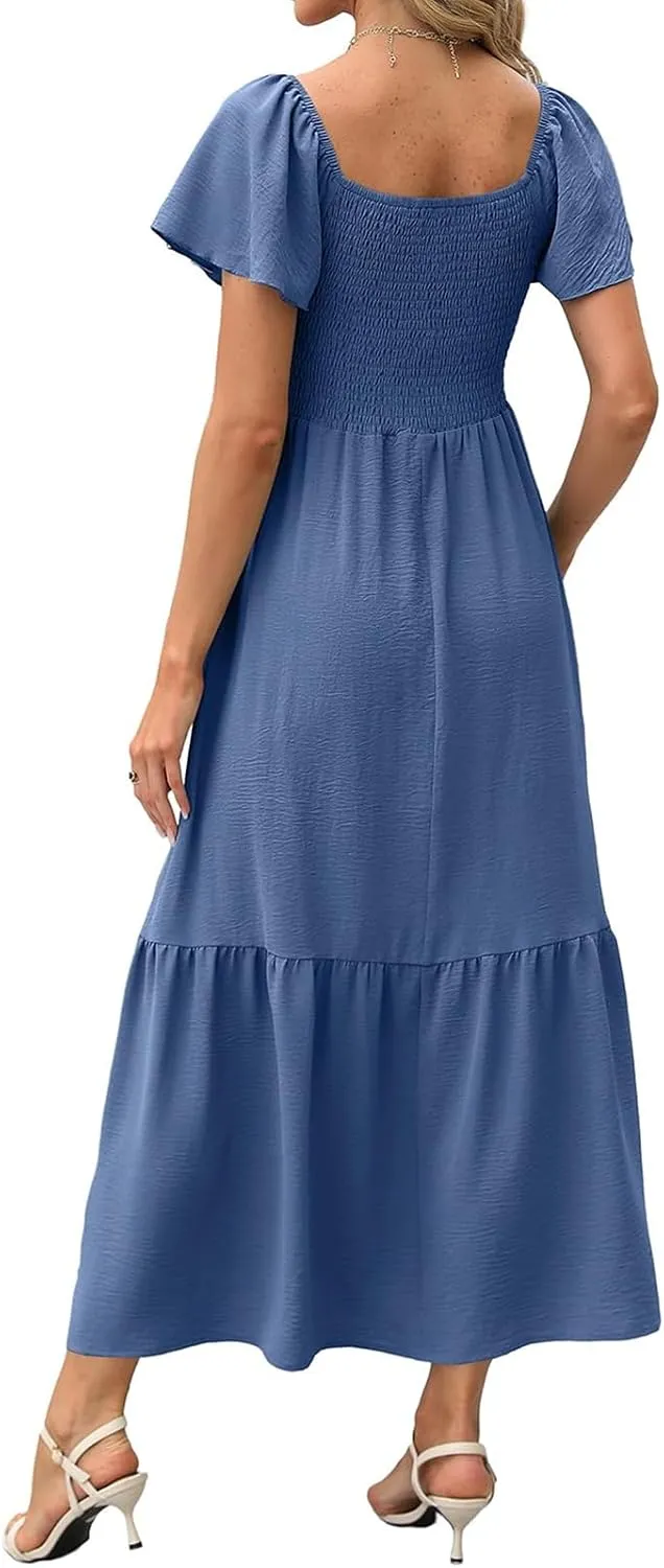 Kubbon Flutter Sleeve Dress for Women Square Neck Flowy Tiered Maxi Dresses Elegant Wedding Guest Dress with Pockets