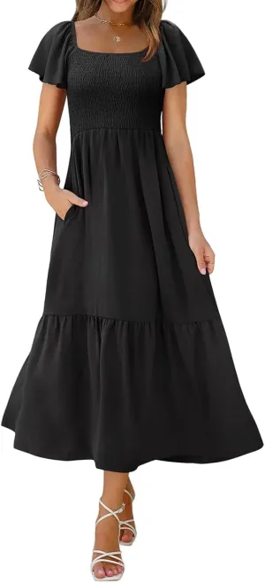 Kubbon Flutter Sleeve Dress for Women Square Neck Flowy Tiered Maxi Dresses Elegant Wedding Guest Dress with Pockets