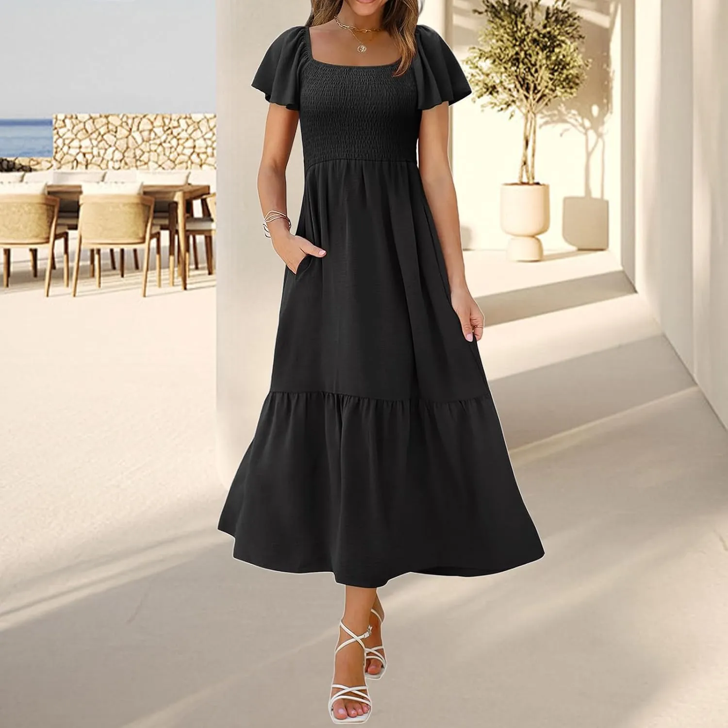 Kubbon Flutter Sleeve Dress for Women Square Neck Flowy Tiered Maxi Dresses Elegant Wedding Guest Dress with Pockets