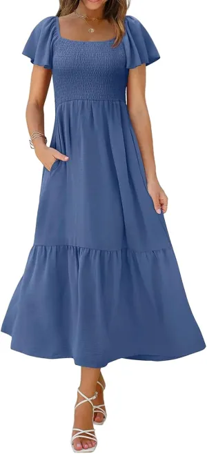 Kubbon Flutter Sleeve Dress for Women Square Neck Flowy Tiered Maxi Dresses Elegant Wedding Guest Dress with Pockets