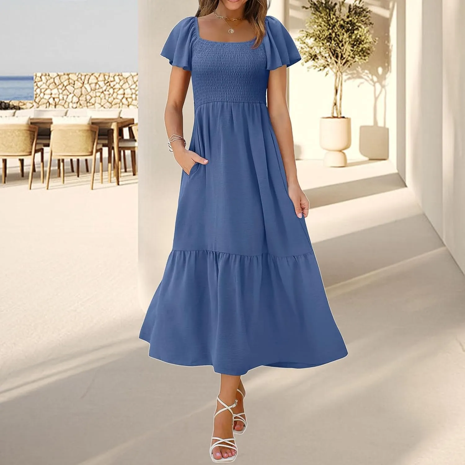 Kubbon Flutter Sleeve Dress for Women Square Neck Flowy Tiered Maxi Dresses Elegant Wedding Guest Dress with Pockets
